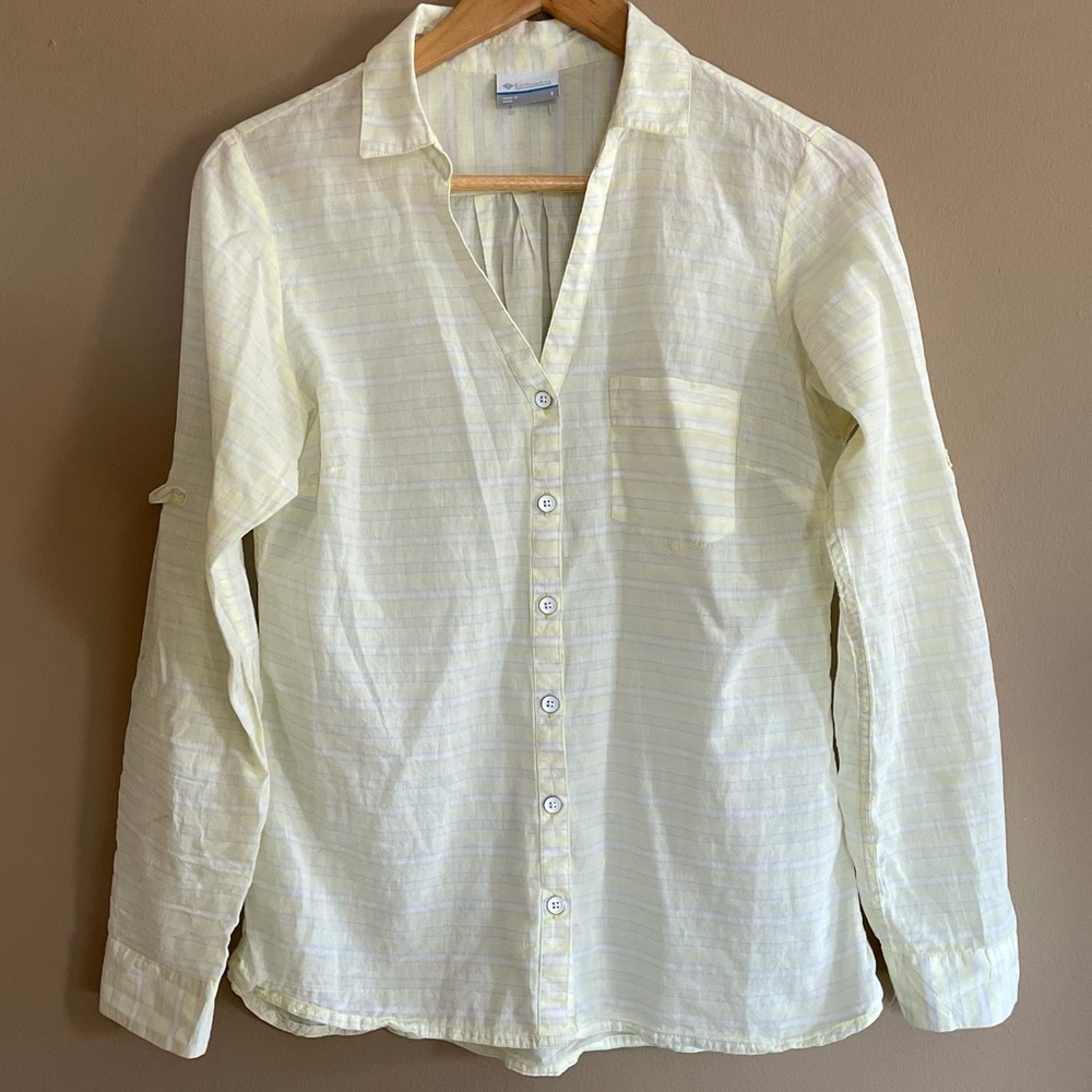 Columbia Yellow/Blue Striped 100% cotton blouse. Size S